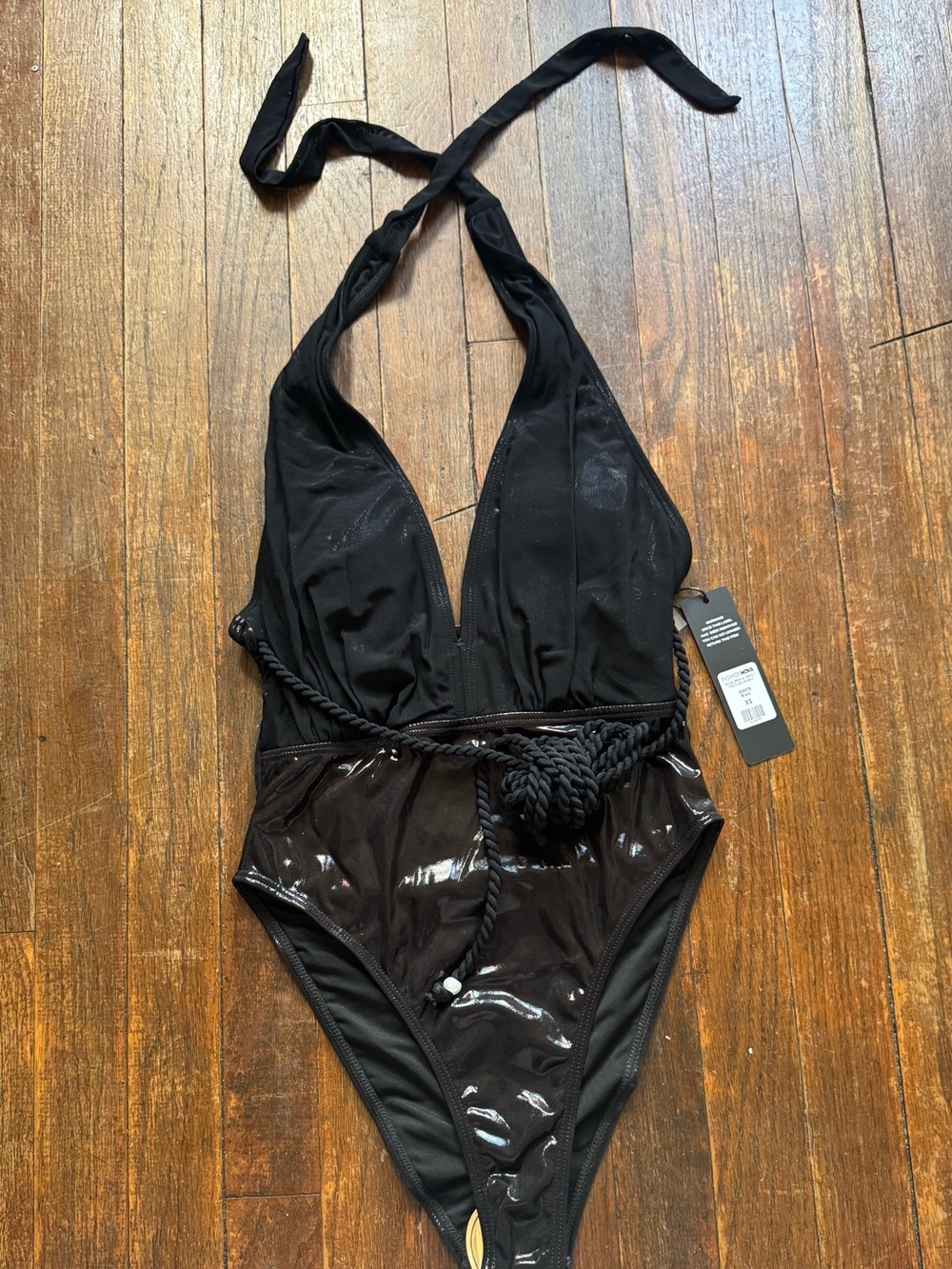 Fashion Nova Black Halter One-Piece Swimsuit with Rope Belt